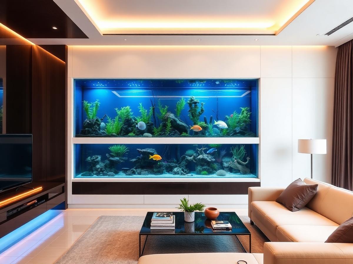 Custom built-in wall aquarium in a modern living room