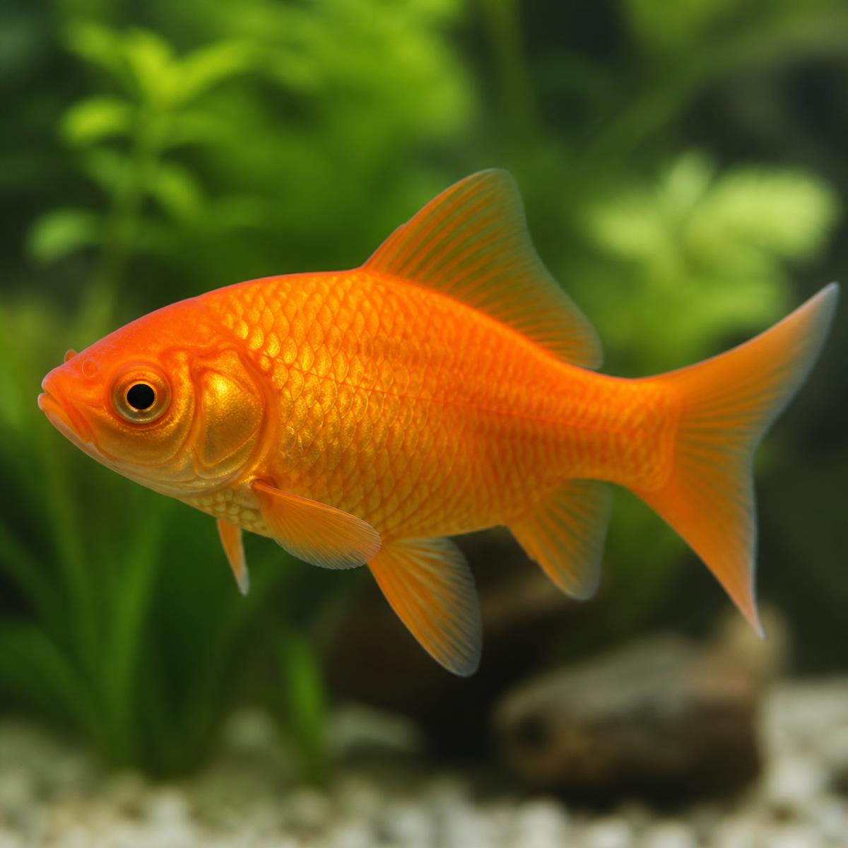 Bright orange goldfish swimming among green aquatic plants